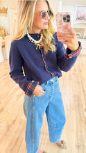 Navy Plaid Trimmed Cardigan