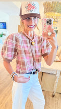 Camel and Pink Plaid Scallop Hem Cardigan