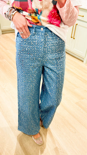 Light Denim Sequin Embellished Jeans