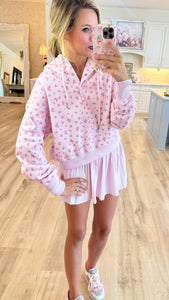 Pink Floral Front Snap Button Hoodie