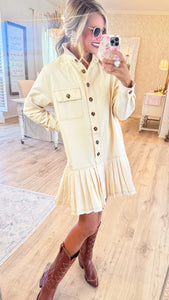 Ecru Long Sleeve Pleated Hem Dress