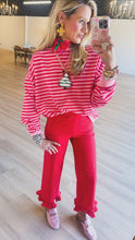Red Straight Leg Ruffle Hem Pants