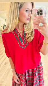 Red Plaid Contrast Dolman Sleeve Blouse