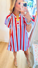 Blue and Red Stripe Puff Sleeve Mini Dress