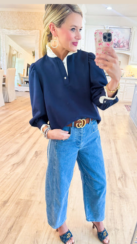 Navy Puff Sleeve Contrast Collar Top