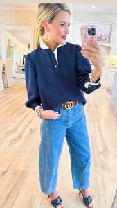 Navy Puff Sleeve Contrast Collar Top