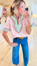 THML Pink and Blue Wide Sleeve V Neck Top