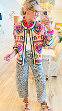 Oatmeal and Fuchsia Colorful Heart Knit Cardigan