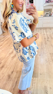 Blue Printed Boho Puff Sleeve Top
