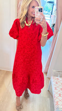 Red Puff Sleeve Jacquard Midi Dress