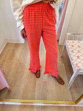 Coral Gingham Ruffle Hem Pants