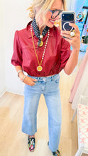 Burgundy Faux Leather Cropped Button Up