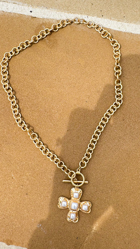 Gold Pearl Cross Necklace