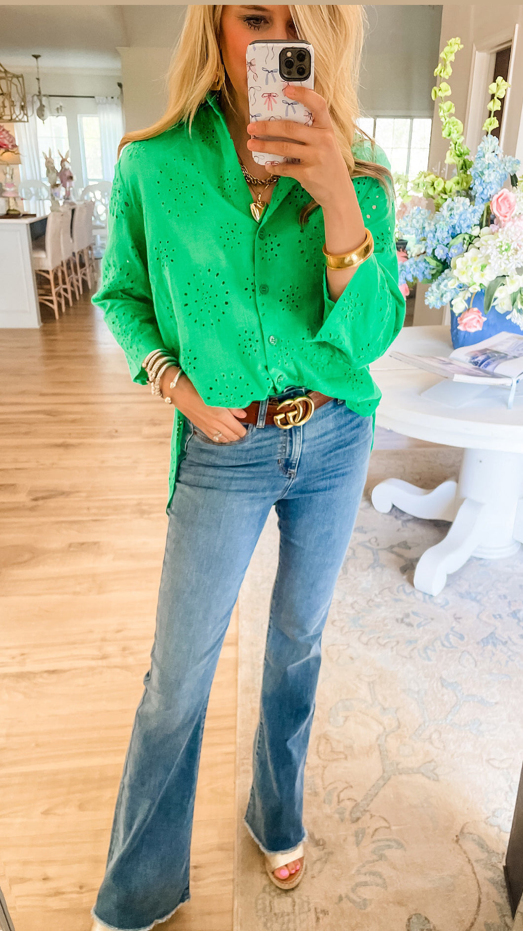 Kelly Green Eyelet Button Up Top