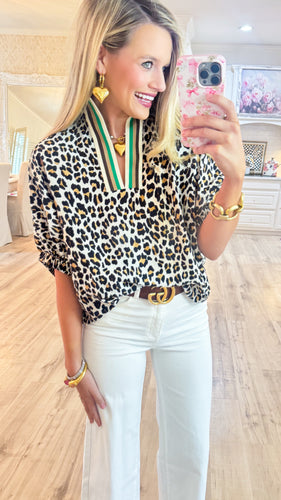 Camel Leopard Collard Blouse