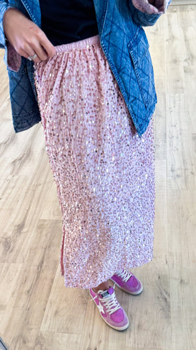 Pink Sequin Midi Skirt