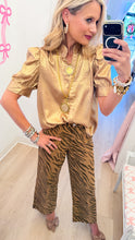 Gold Metallic Short Sleeve Button Up Top