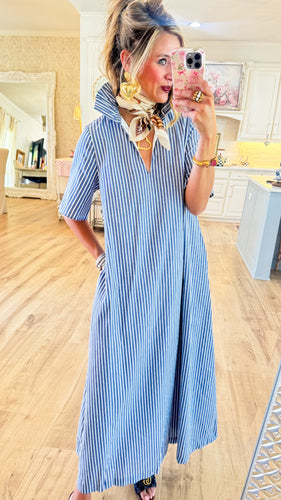 Navy Stripe Ruffle Collar Midi Dress