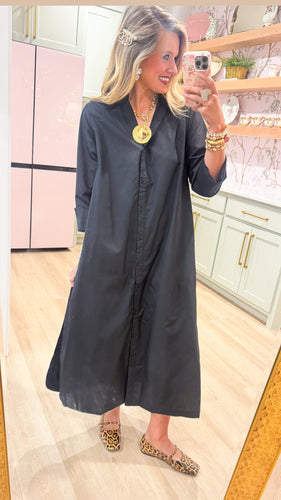 Black Solid Long Sleeve Midi Dress