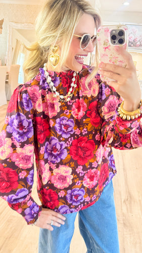 Red Brown Multi Floral Chiffon Blouse