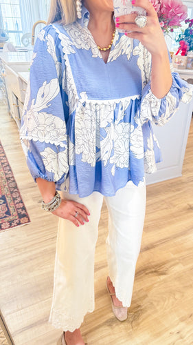 Blue Floral Print Scallop Trim Blouse