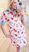 Coral Flower Print Polo Ruffle Neck Dress