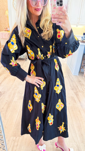 Queen of Sparkle Black Rhinestone Ornament Midi Dress