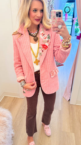 Pink Stripe Herringbone Embroidered Patch Jacket