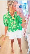 Green Floral Embroidered Scalloped Ruffle Mock Neck Top