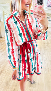 Pink, Green and Red Bow Print Mini Dress