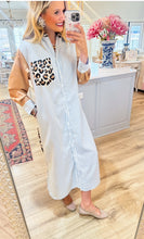 Blue Stripe Leopard Contrast Midi Dress