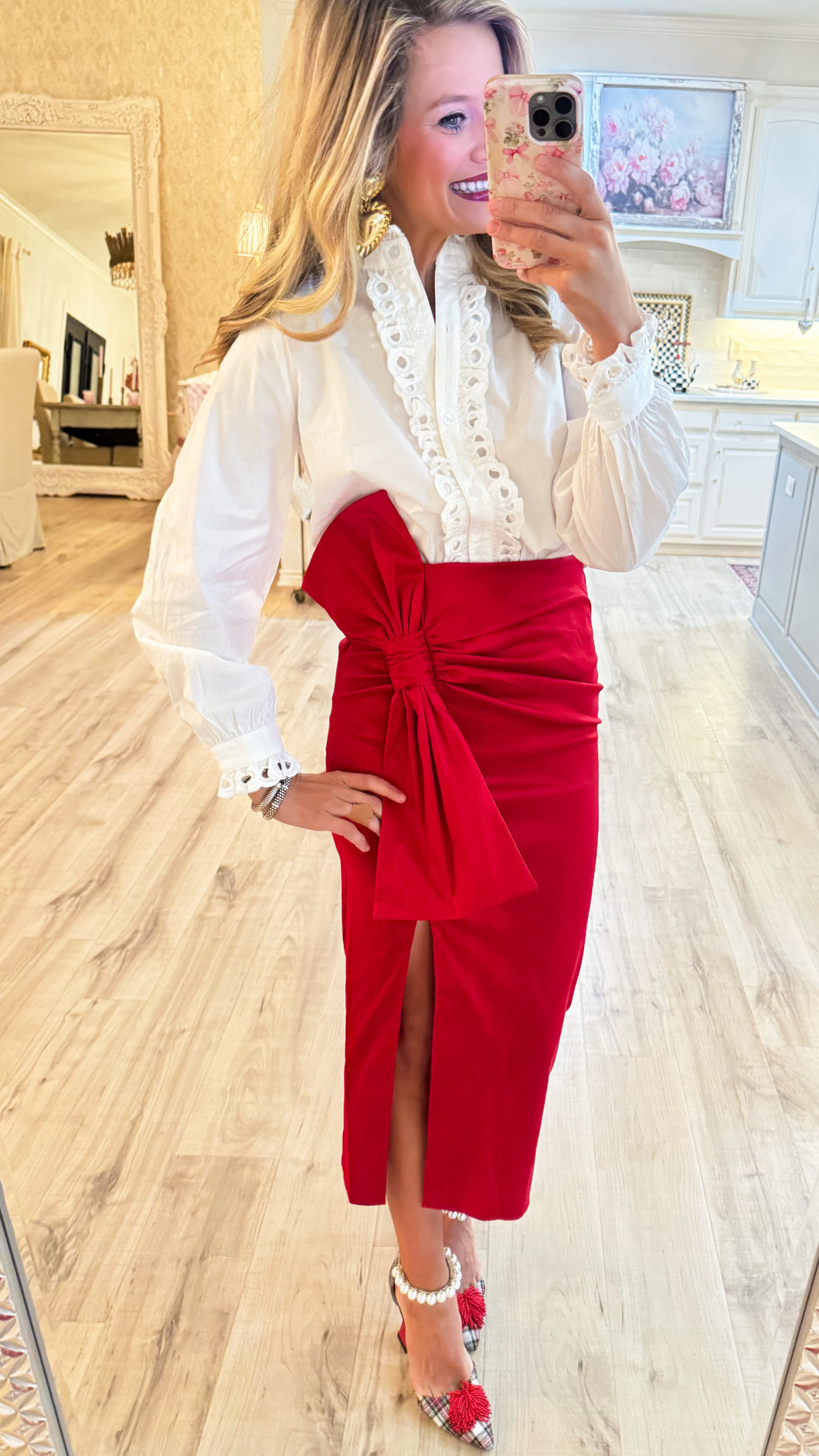 RESTOCK Red Stretch Taffeta Bow Midi Skirt