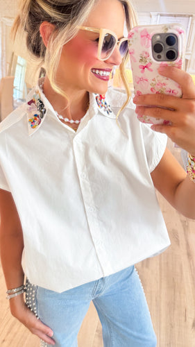 White Multi Floral Button Collar Top