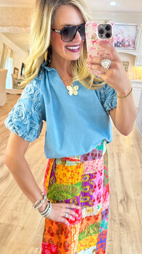THML Denim Floral Applique Puff Sleeve Top