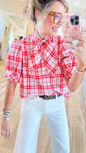 Pink Puff Sleeve Plaid Top