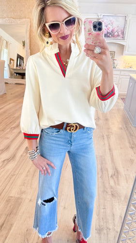 Ivory Stripe Contrast Ruffle Neck Top