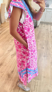 Pink Floral Flutter Sleeve Midi Dress