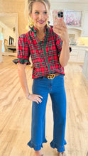 Red Plaid Puff Sleeve Ruffle Trim Blouse