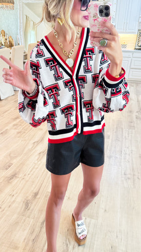 Queen Of Sparkle Licensed Texas Tech Knit Mascot Rhinestone Cardigan