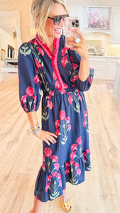 Navy Mix Floral Ruffle Trim Midi Dress