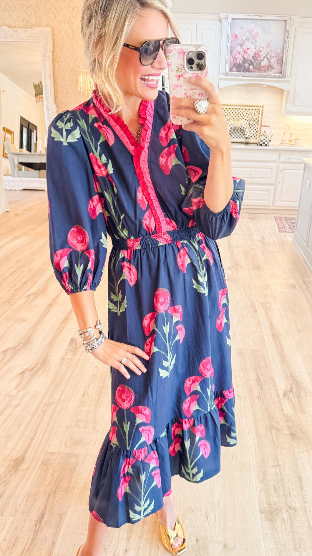 Navy Mix Floral Ruffle Trim Midi Dress