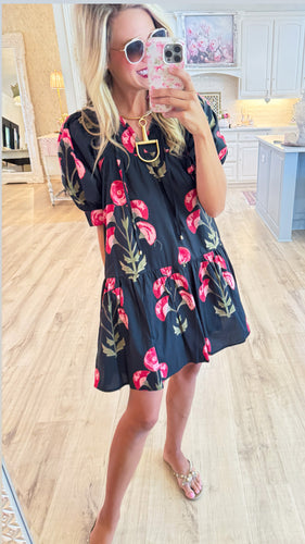 Black Floral Print Ruffle Hem Mini Dress