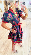 Black Floral Pattern Puff Sleeve Mini Dress