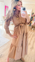 Camel Pinstripe Collared Midi Dress