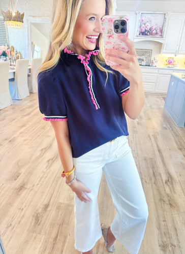 Navy Ruffle Trim Puff Sleeve Top