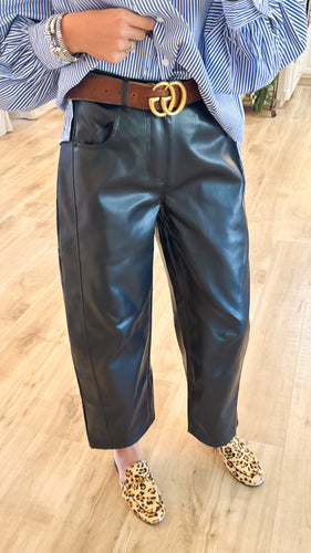 Black Faux Leather Barrel Pants