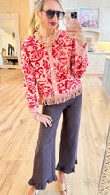 Coral Red Floral Fringed Sweater Cardigan