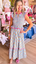 Blue Floral Peplum Tiered Midi Dress