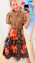 Chocolate Stripe Floral Mix Puff Sleeve Dress