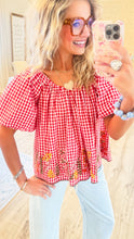 Ivy Jane Red Gingham Floral Puff Sleeve Top
